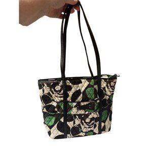 Vera Bradley Quilted Tote Bag With Black Green & White Floral Pattern